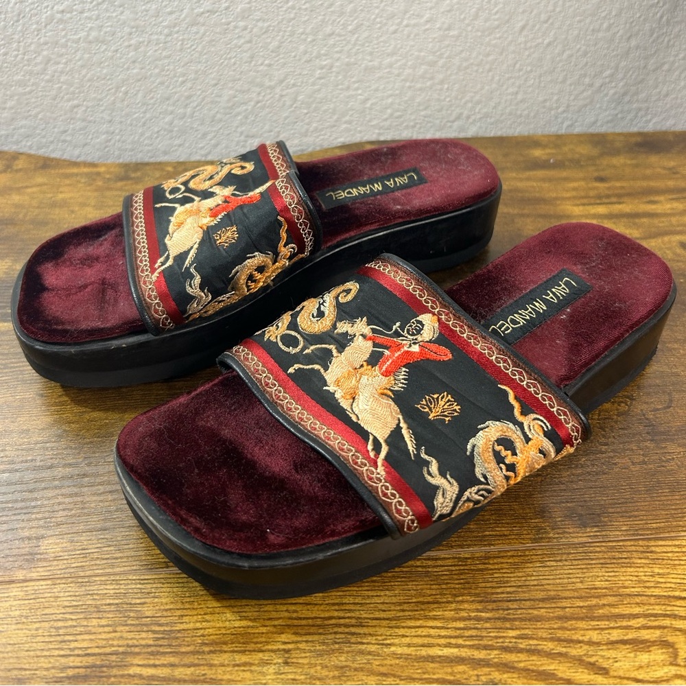 Burgundy Velvet Embroidered Slide Sandals